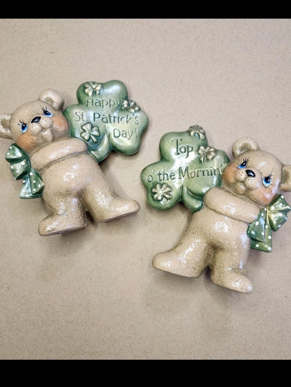 Handpainted  St. Patrick's Day Ceramic Teddies (2) Spring Shamrock Polka Dot Vtg